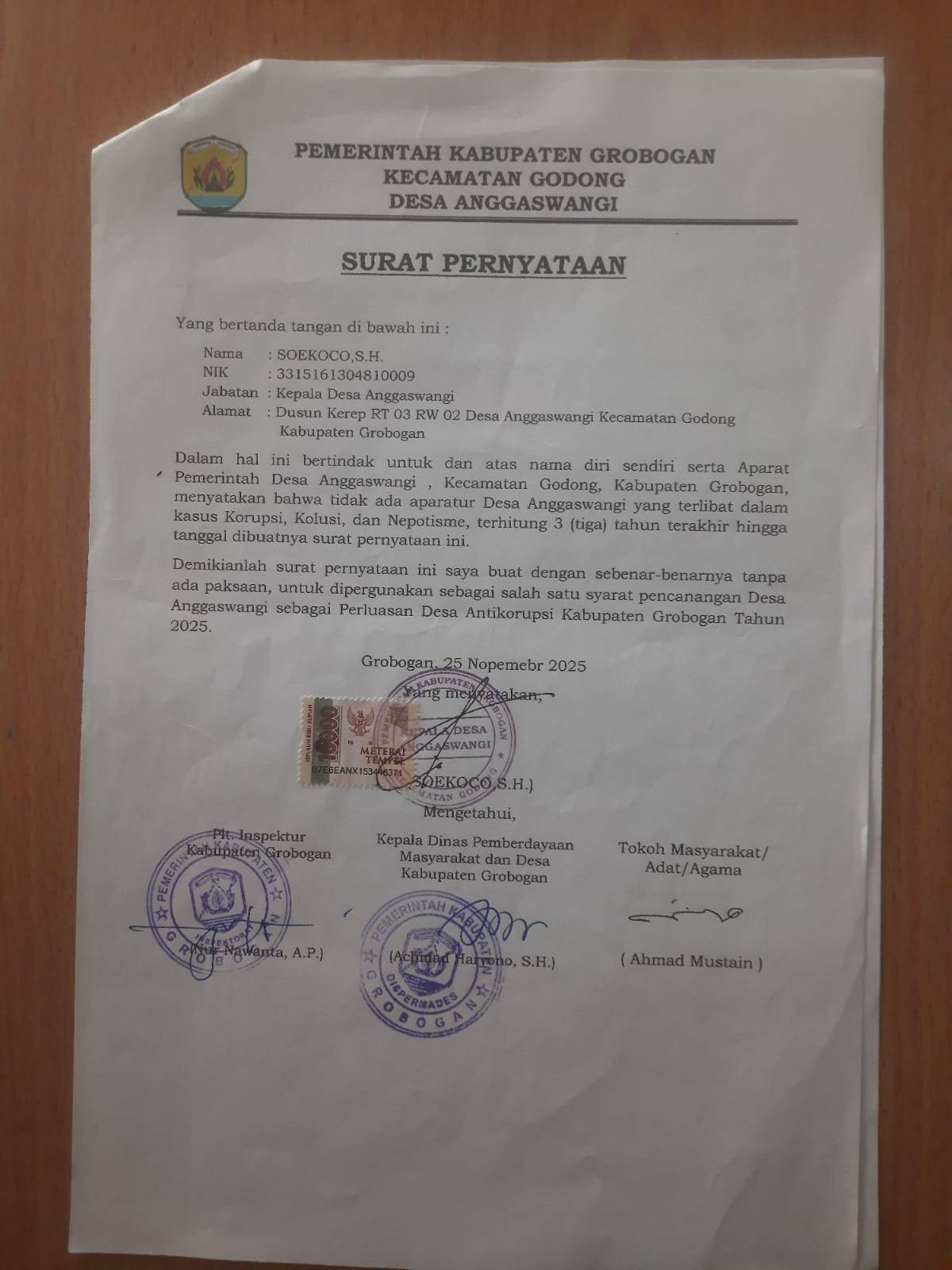 SURAT PERYATAAN 3 TAHUN KEPALA DESA